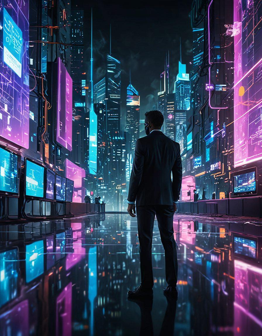 A digital landscape featuring a futuristic city made of interconnected data streams and glowing circuit patterns. In the foreground, a confident figure in a sleek suit is using a holographic interface displaying security icons like locks and firewalls. Surround the scene with floating shields and data clouds, symbolizing protection and safety. Emphasize a sense of vigilance and innovation. cyberpunk. vibrant colors. 3D.