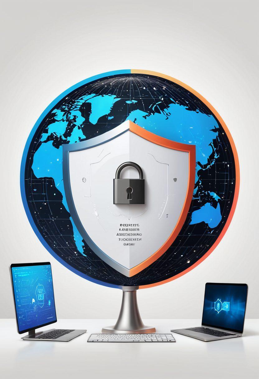 A collage featuring a shield symbolizing protection, a computer with a lock screen, a digital padlock hovering over a globe, and a checklist of online security tips. The background should include abstract binary code to represent the digital world, and icons representing multi-factor authentication, secure passwords, and firewalls. super-realistic. vibrant colors. white background.