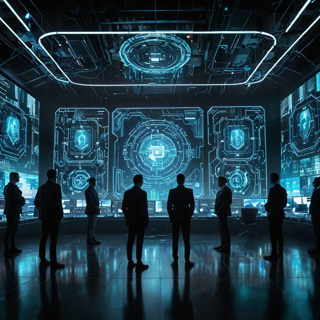 A modern digital fortress surrounded by virtual shields and glowing locks, symbolizing strong cyber defenses. In the foreground, diverse individuals strategizing around a holographic screen displaying privacy protection techniques. Include elements like binary code and network connections in the background. Use a cool color palette with vibrant accents to convey a sense of urgency and security. cyberpunk. super-realistic.